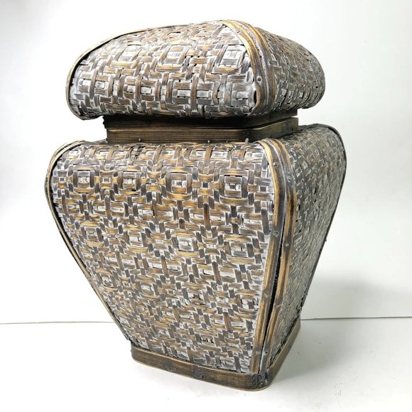 Decorative Basket Brown Woven Wicker Storage Box White Washed Hinged Lid Vintage